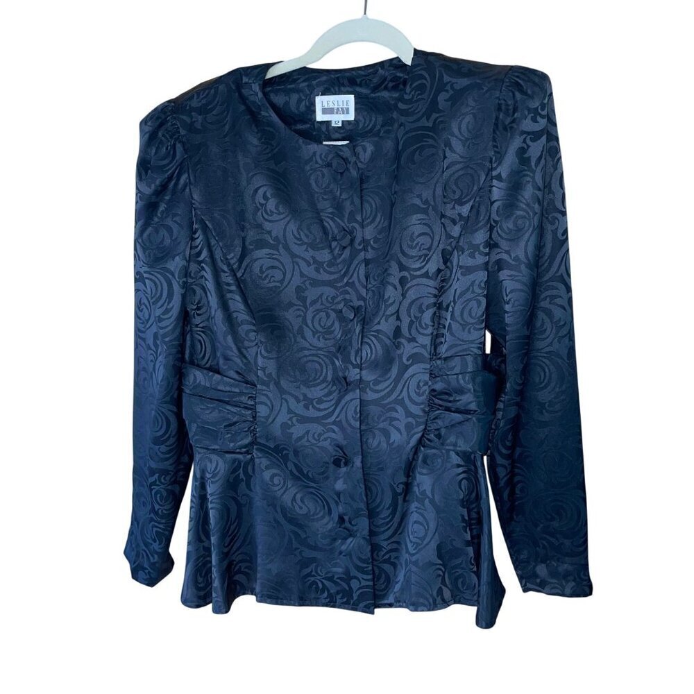 Leslie Fay Vintage Womens Jacket Size 12 Black Peplum Bow Detail Casual